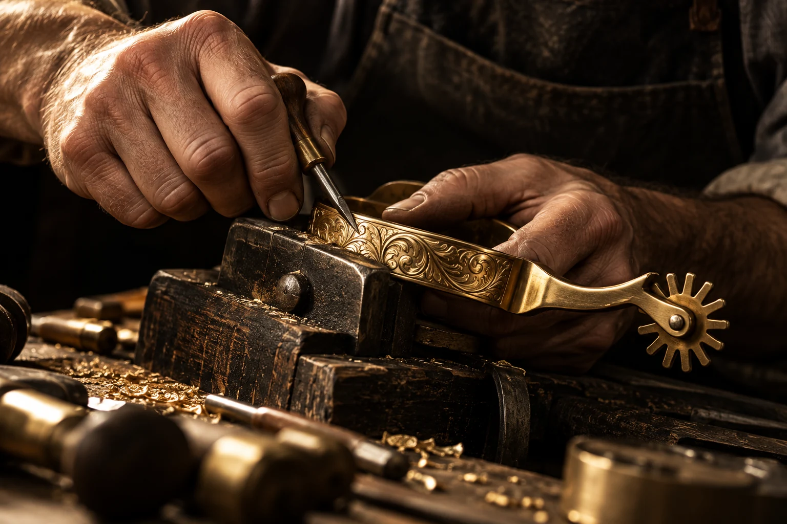 An artisan engraving intricate scrollwork into a gold cowboy spur at a workbench